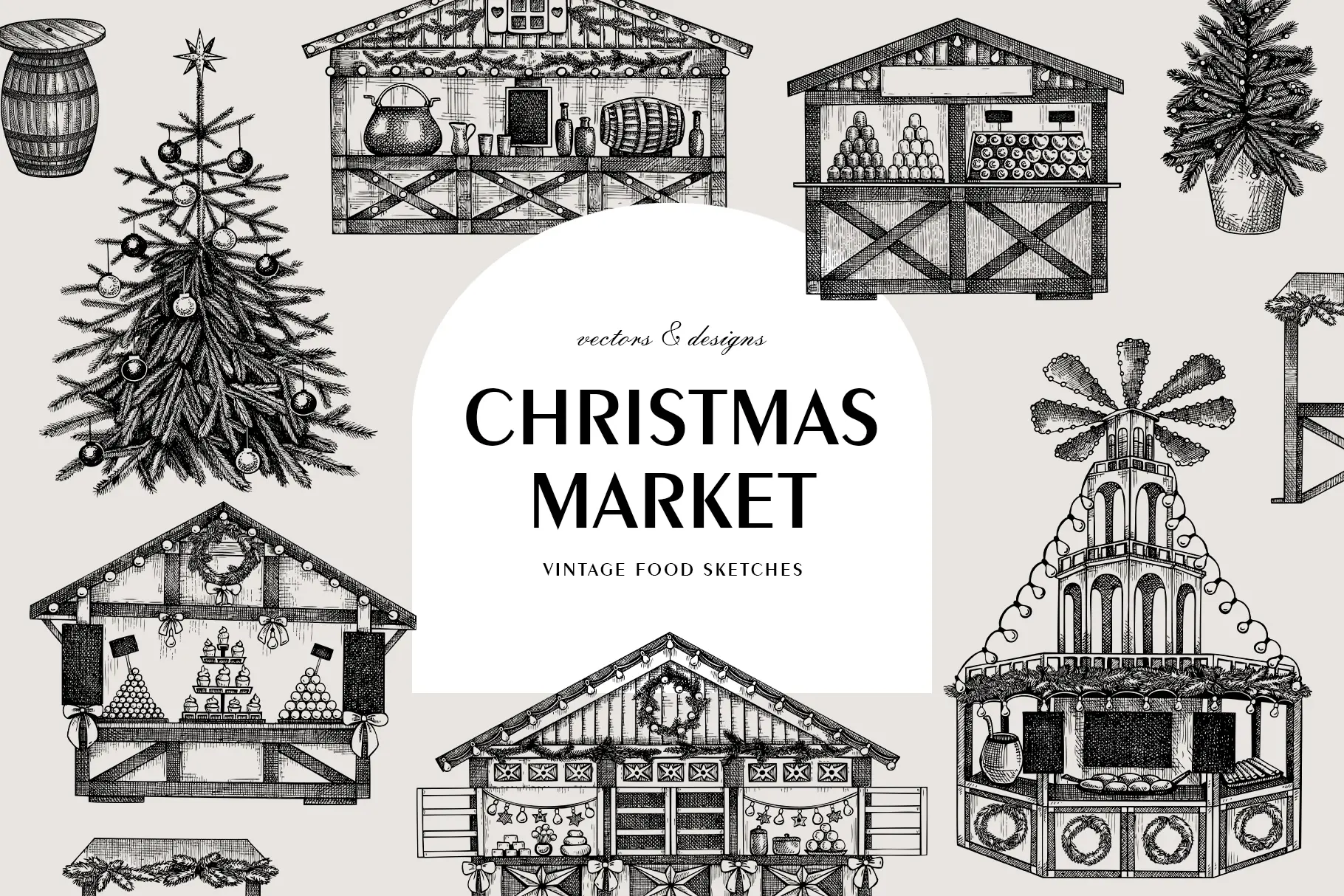 Vector Christmas Market Sketches. Hand-drawn Street Food Illustrations.  Illustration